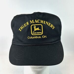 Vintage John Deere Hat Cap Snap Back Black Tiger Machinery Puff Paint Rope Brim